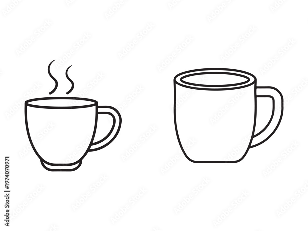 Obraz premium Line drawing of two coffee mugs one with steam rising up isolated on white background