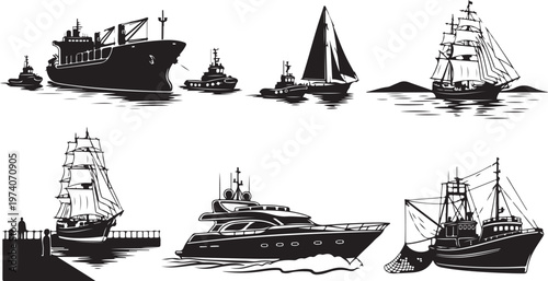 Nautical vessels, boat silhouettes, ships, sailing icons, vector graphics