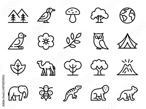 Diverse vector set of nature icons featuring animals, plants, and environmental elements