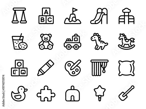 Vector of various playful children's toys and icons in a neat grid layout