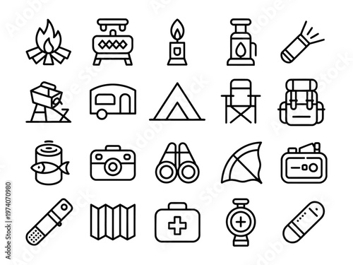 Collection of vector icons representing camping and outdoor adventure equipment and tools.