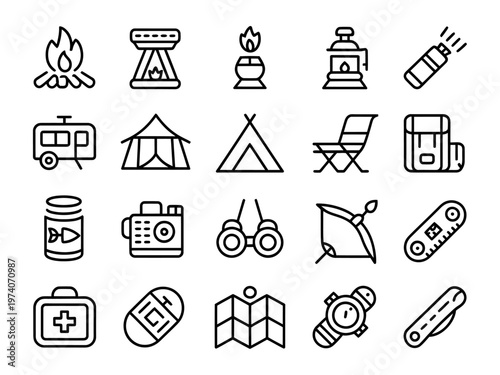 Vector of various camping equipment and supplies for outdoor activities