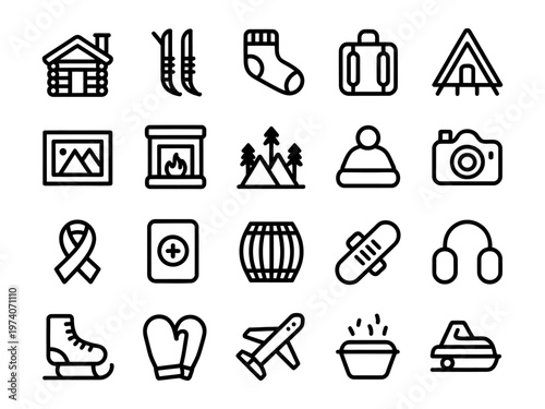 Set of vector icons representing winter travel and outdoor activities with camping gear and accessories
