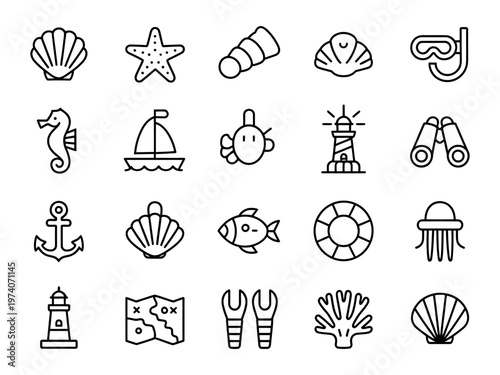 Collection of beach theme vector icons including sea shells animals fish lighthouses and diving gear