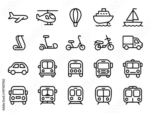 Vector of a variety of transportation icons, including airplanes, boats, cars, and bicycles