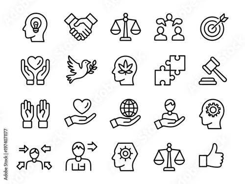 Collection of vector icons representing various concepts like mind, cooperation, and law.