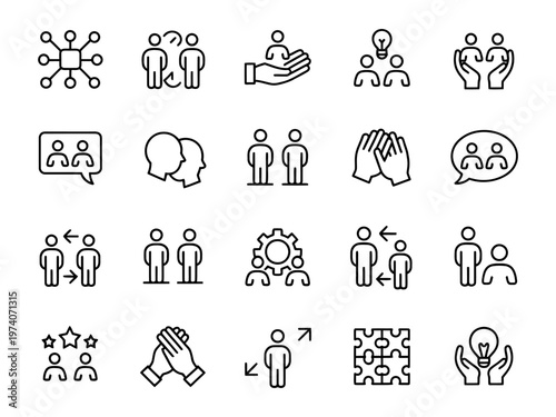 Vector set with icons depicting teamwork, collaboration, and various interactions between people.