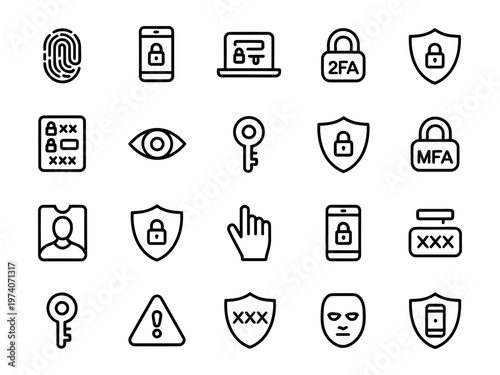 Vector of various icons related to security and authentication methods for digital devices