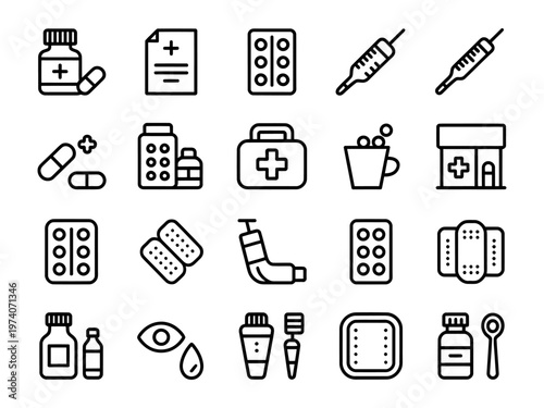 Vector of various medical icons including pills, syringes, and bandages