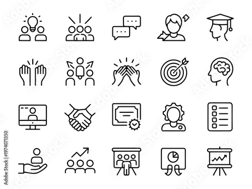Vector of various icons related to teamwork collaboration and goal achievement