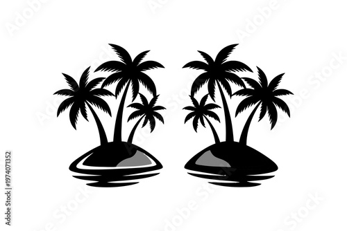 Black silhouette of tropical palm trees on small islands.