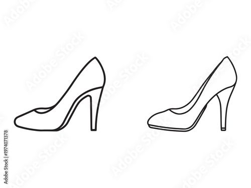 Line drawing of two high heel shoes side by side facing opposite directions in black outline on white background