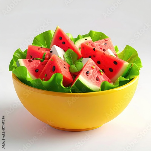 Sliced watermelon pieces served in a bright yellow bowl with fresh green lettuce creating a vibrant and healthy fruit salad still life