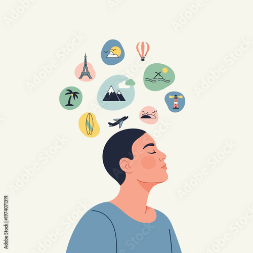 Man with travel destinations in head.