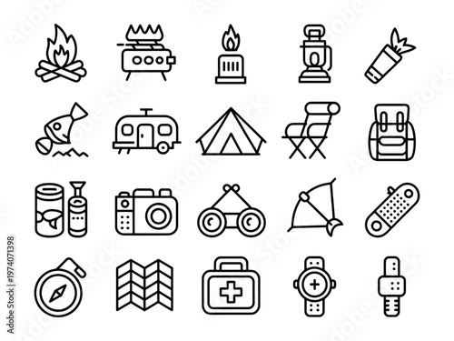 Vector of a collection of camping and outdoor adventure icons