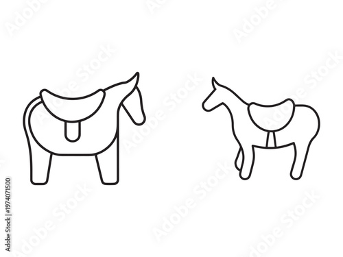 Line drawing of two horses with saddles on their backs side view  horses are facing opposite directions