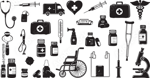Medical icons, healthcare symbols, black and white, 30+ vector graphics