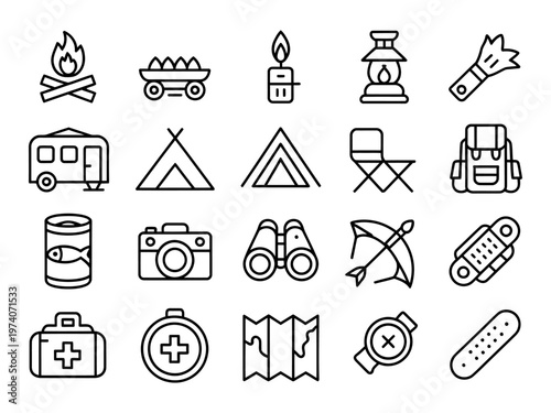 Vector of various essential camping supplies and equipment icons