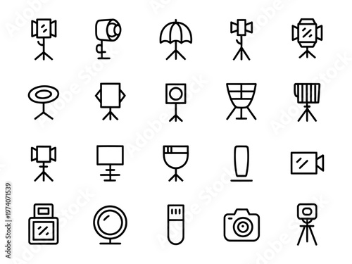 Set of vector icons representing various photography equipment and tools used in filmmaking and production