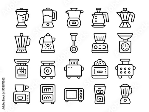 Collection of vector kitchen appliances including blenders, toasters, scales, and grinders displayed in a grid layout