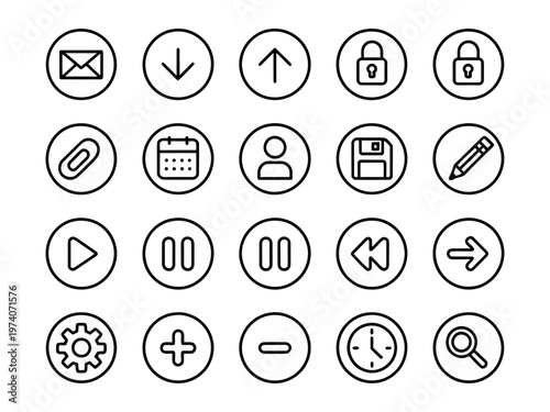 Collection of vector icons designed for navigation and functionality within applications
