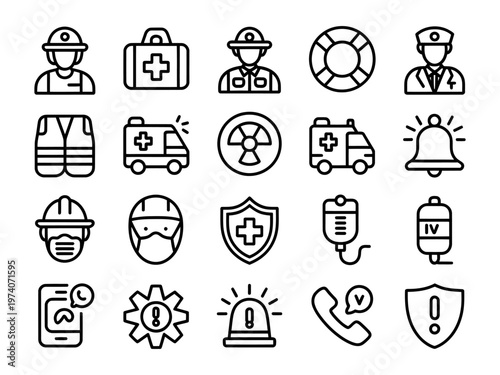 Vector of various emergency and safety icons for different professions and equipment.