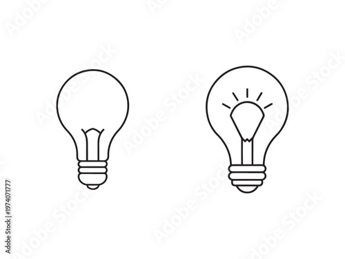 Line drawing of two light bulbs one lit and one unlit for ideas and inspiration  symbolizing creativity and innovation