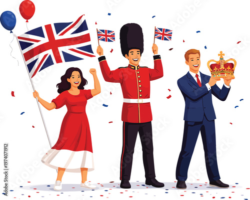 Illustration of British people celebrating with Union Jack flags, a Royal Guard, and a crown