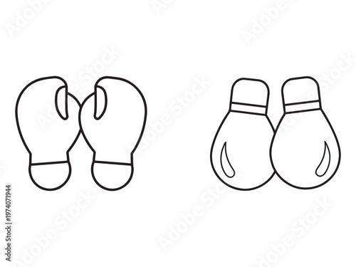 Line drawing of two pairs of boxing gloves one pair hanging and one pair facing each other  isolated on white background