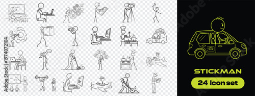 Stickman Work Icons Vector, Outline Stick Figure Job Activities Minimal Line Icon Set, Editable set of stick figures,
