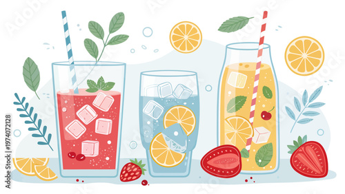 Colorful summer drinks collection with ice cubes fruits and straws refreshing beverages for hot weather