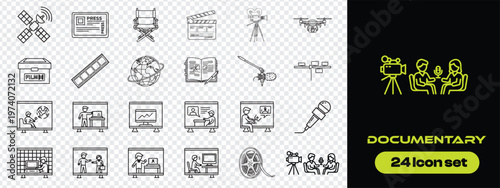 Documentary Icons Vector Set, Film Production Video Media Outline Line Icon Collection, documentary, documentary icons, film icons, video production Set icon.