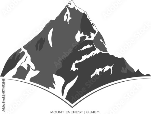 Mount Everest badge style vector, modern alpine emblem with bold shadow shapes and curved base