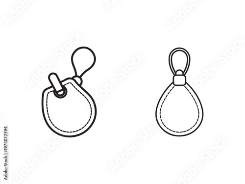Line drawing of two teardrop shaped keychains with loops and clasps  simple black and white illustration of keychain designs