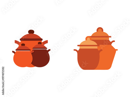 Orange and brown clay pots with lids stacked together in two sets on white background