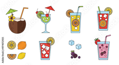 Tropical Summer Drinks and Cocktail Icons Set with Fresh Fruits in Colorful Line Art Style Isolated
