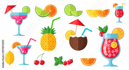 Tropical Summer Drink Icons Set, Fresh Fruit Cocktail and Bar Glassware Flat Vector Illustration