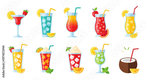 Tropical Cocktail and Summer Drink Icon Set in Flat Design Style.