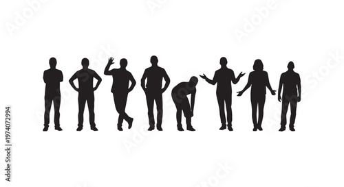 A row of identical silhouettes of people standing in a line, representing diversity and unity