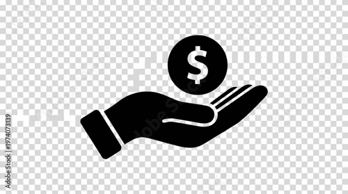 Minimalist black silhouette of hand with hovering dollar coin, symbolizing payment, donation, savings, financial aid, wealth, economy.