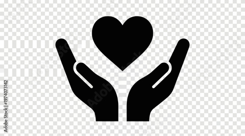 Minimalist black icon of cupped hands holding heart, symbolizing care, love, support, charity, protection, health, compassion, empathy.