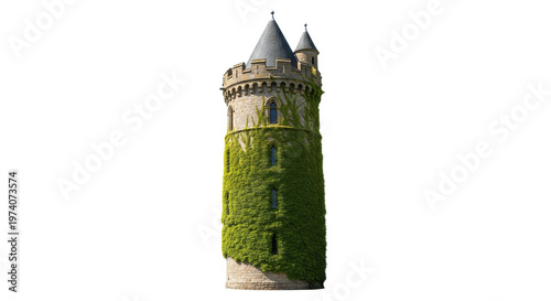 A tall, ancient stone tower covered in green ivy with two pointed turrets