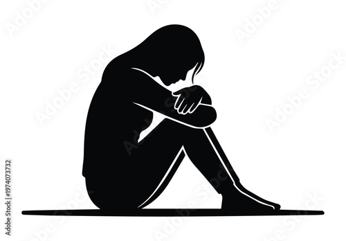 Sad Woman Sitting On Floor Silhouette Vector Emotional Breakdown Concept Icon Vector black design on a white background