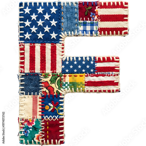 Letter F patchwork, Americana Quilt Fabric, sewing Alphabet, Patriotic isolated