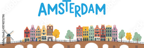 Amsterdam city skyline flat design illustration with canal houses bridge and windmill
