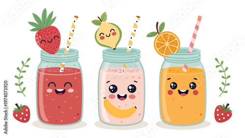 Colorful cartoon smoothie jars with smiling fruit characters and straws on white background