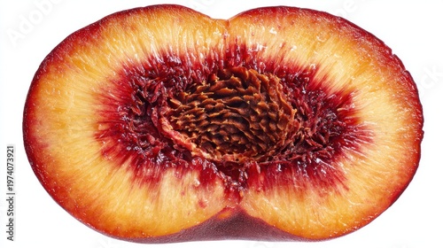 Close up of a perfectly cut peach revealing textures and colors against white