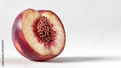 Close up of a sliced peach isolated on a white backdrop with copy space