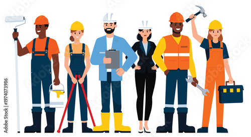 Illustration of multiracial workers wearing safety gear and hard hats. Professional characters including painter, manager, engineer, and laborers holding tools like hammer, wrench, and roller.