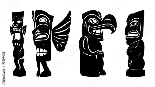Maori Tiki statue set with solid black silhouette on white background featuring indigenous art, cultural heritage, traditional carving with silhouette and monoline